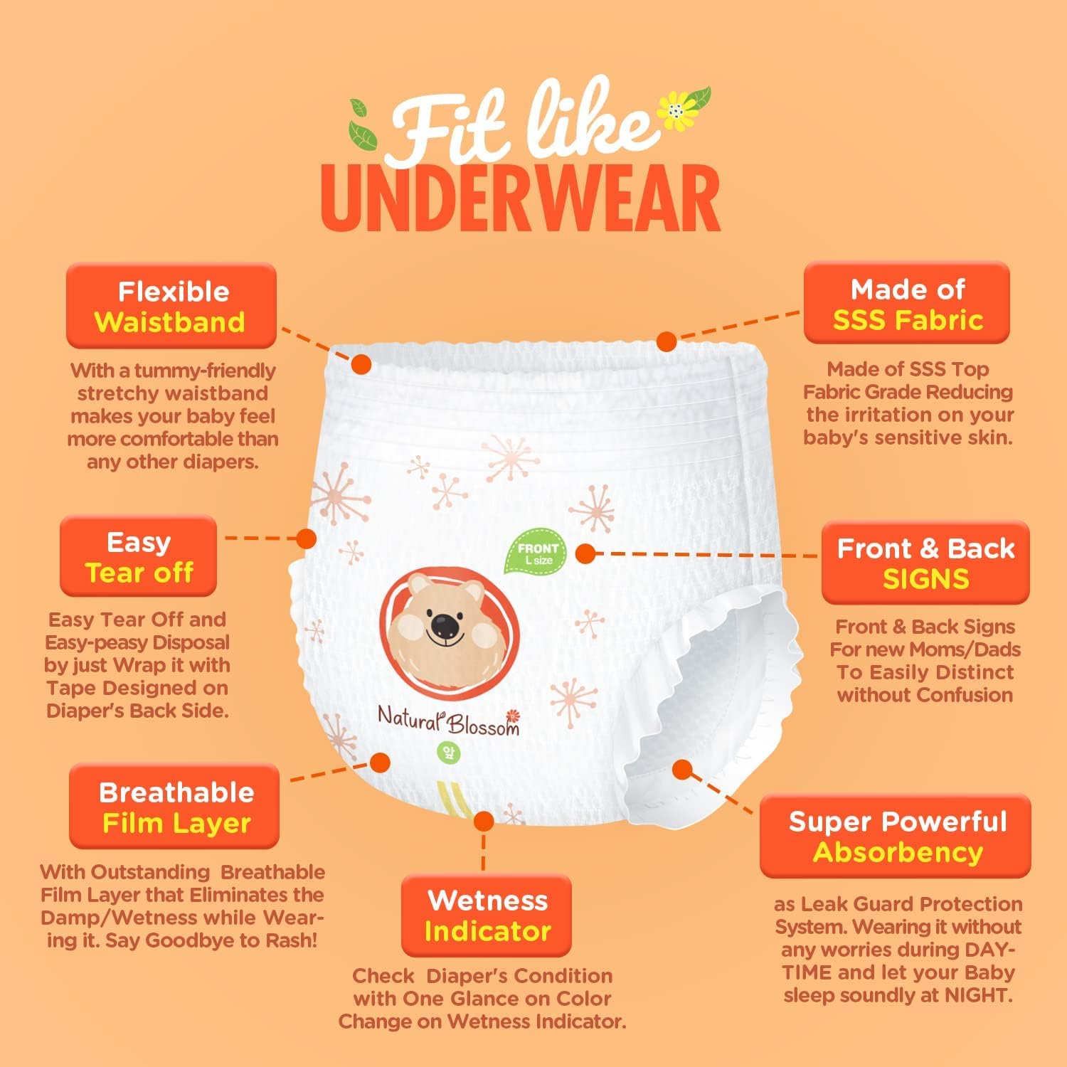 Natural Blossom Easy Pull-up Diaper Pants | Size (4) 2T-3T (20-31 lbs) | 96 Count (24ea*4packs) | Vegan - Super Soft - Hypoallergenic - Ultra-Slim - Image 2